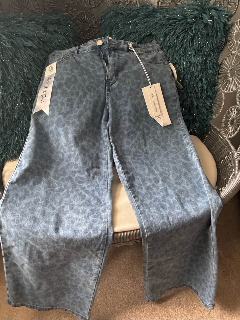 GOGO Blue Leopard-Print Wide Leg Jeans